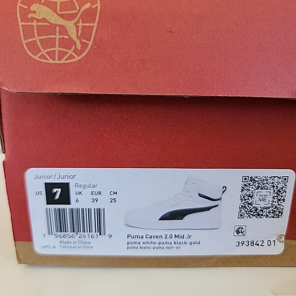 Size 7 Puma Caven 2.0 Mid Jr White/black-gold New With Original Box